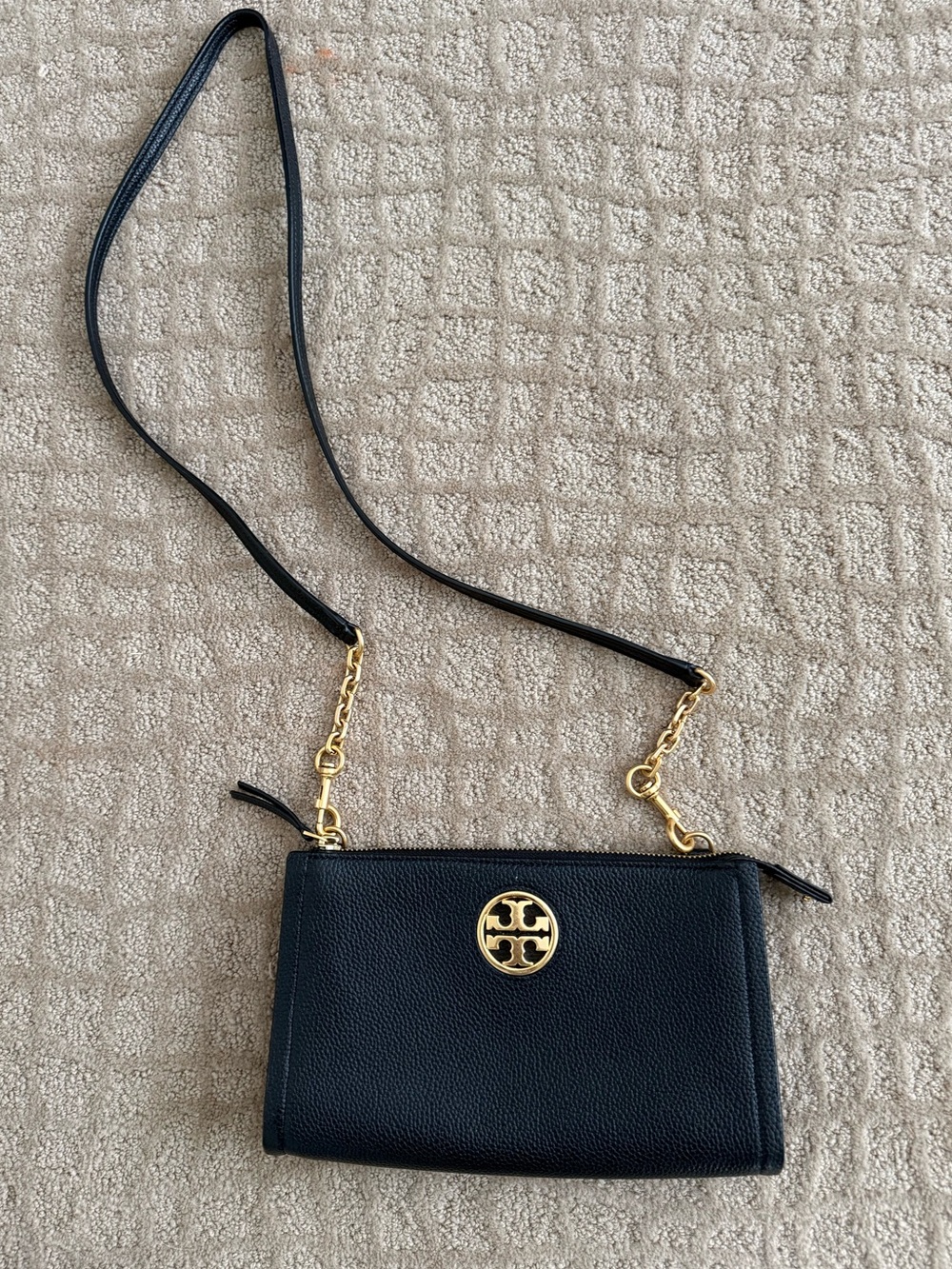 Tory Burch Carson Zip Top Black Pebbled Leather Crossbody with Gold Logo